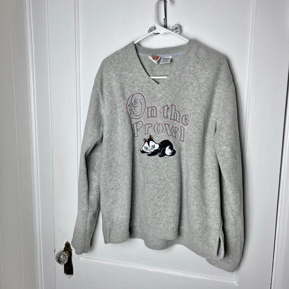 Looney Tunes Tops - VTG Looney Tunes Penelope Pussycat Gray Fleece V Neck Sweatshirt Women XL